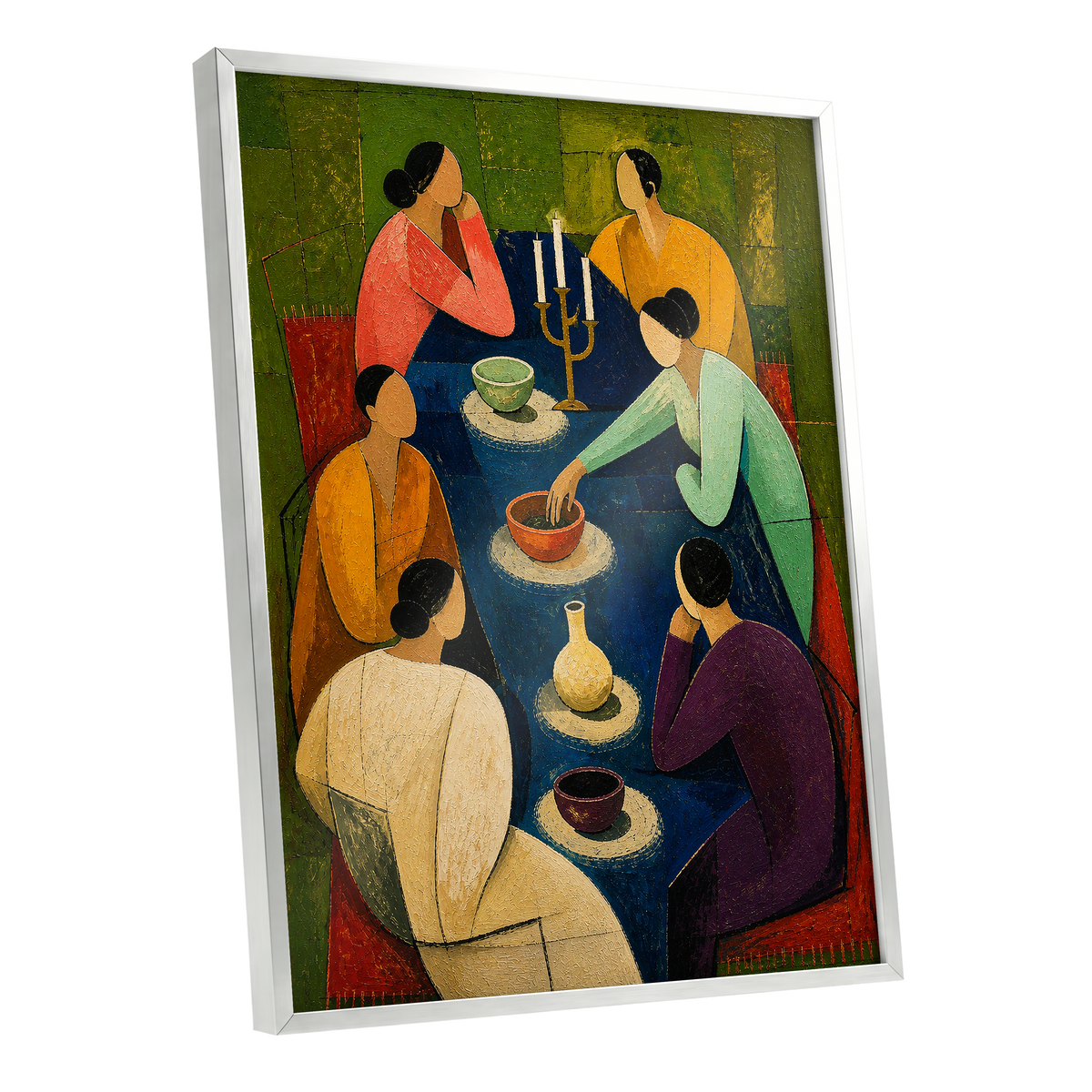 The Indigo Gathering, blue, green, gold abstract wall art shown as a silver framed poster wall art print
