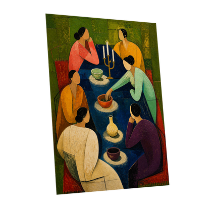 The Indigo Gathering, blue, green, gold abstract wall art shown as a unframed poster wall art print