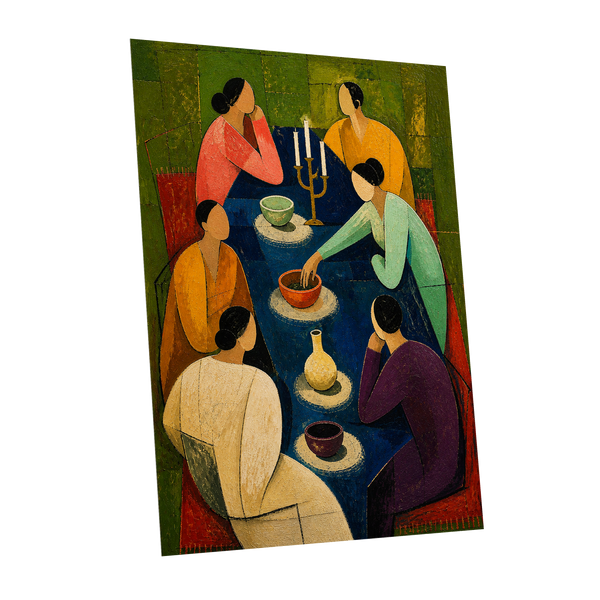 The Indigo Gathering, blue, green, gold abstract wall art shown as a unframed poster wall art print