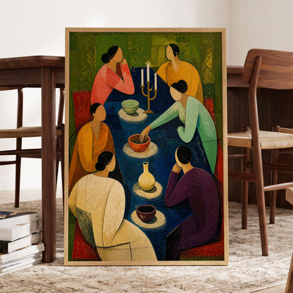 The Indigo Gathering, blue, green, gold abstract wall art displayed in a styled interior, gallery view 2