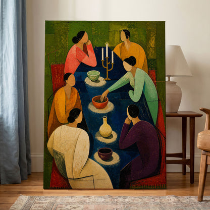 The Indigo Gathering, blue, green, gold abstract wall art displayed in a styled interior, gallery view 3