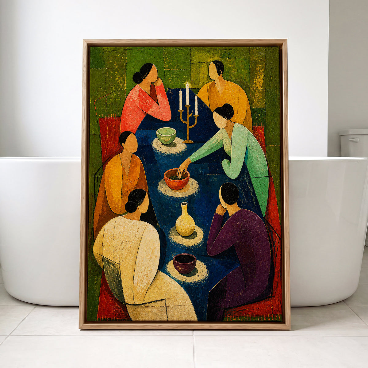 The Indigo Gathering, blue, green, gold abstract wall art displayed in a styled interior, gallery view 4