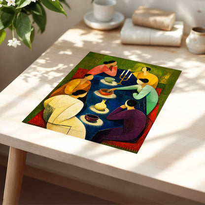 The Indigo Gathering, blue, green, gold abstract wall art displayed in a styled interior, gallery view 5