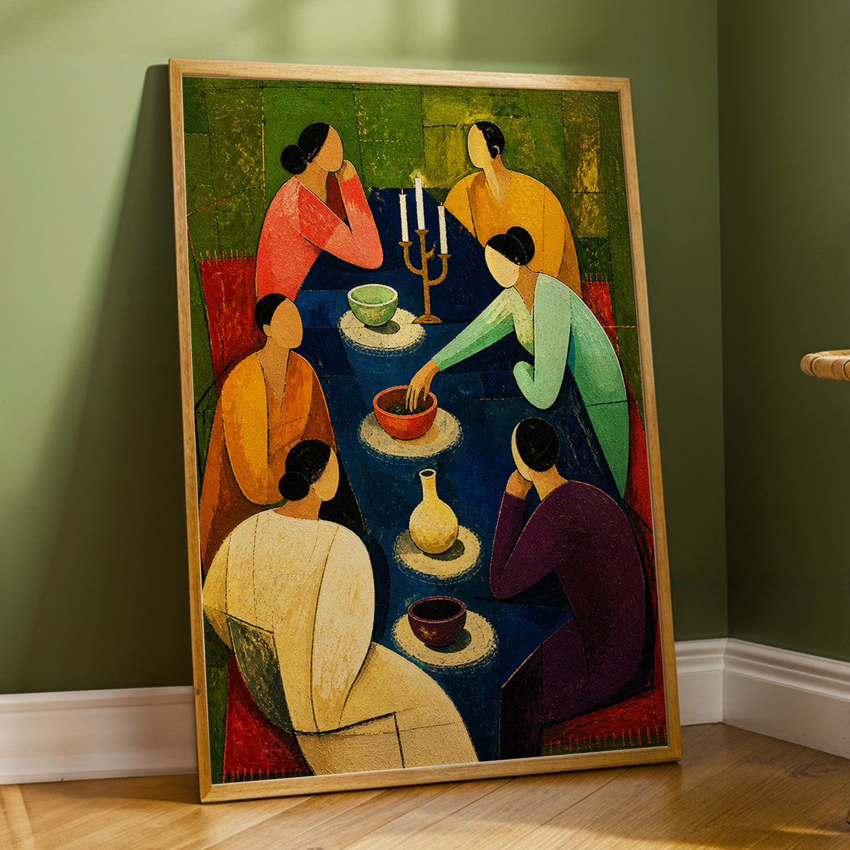 The Indigo Gathering, blue, green, gold abstract wall art displayed in a styled interior, gallery view 6