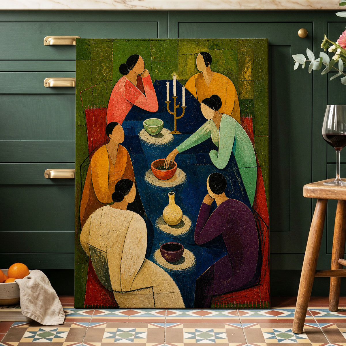 The Indigo Gathering, blue, green, gold abstract wall art displayed in a styled interior, gallery view 7