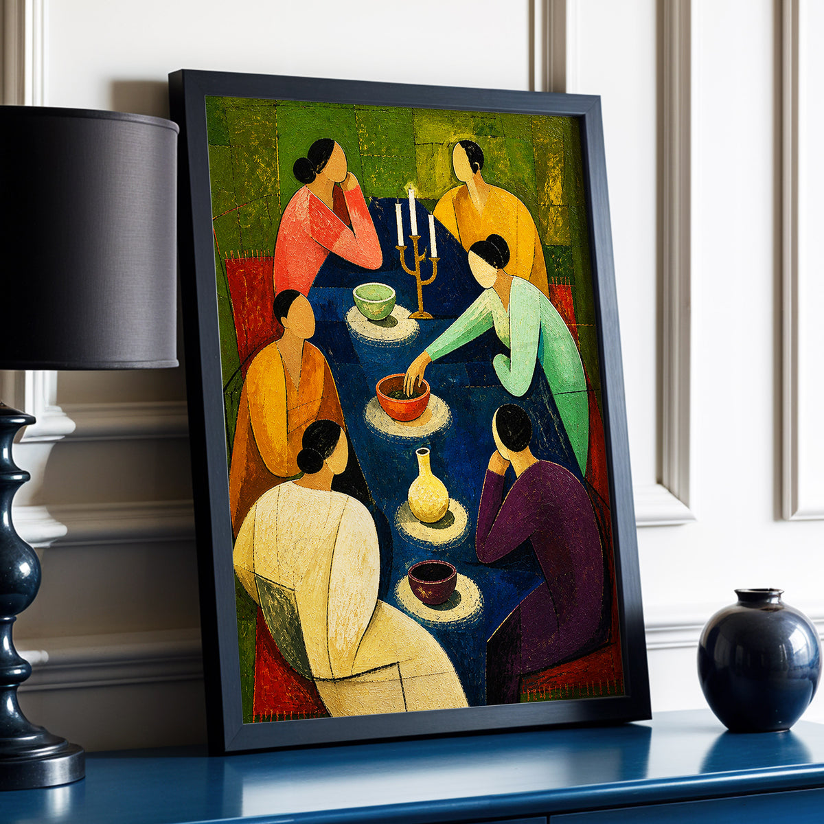 The Indigo Gathering, blue, green, gold abstract wall art displayed in a styled interior, gallery view 9