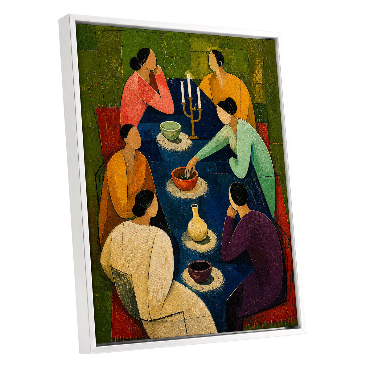 The Indigo Gathering, blue, green, gold abstract wall art shown as a white framed canvas wall art