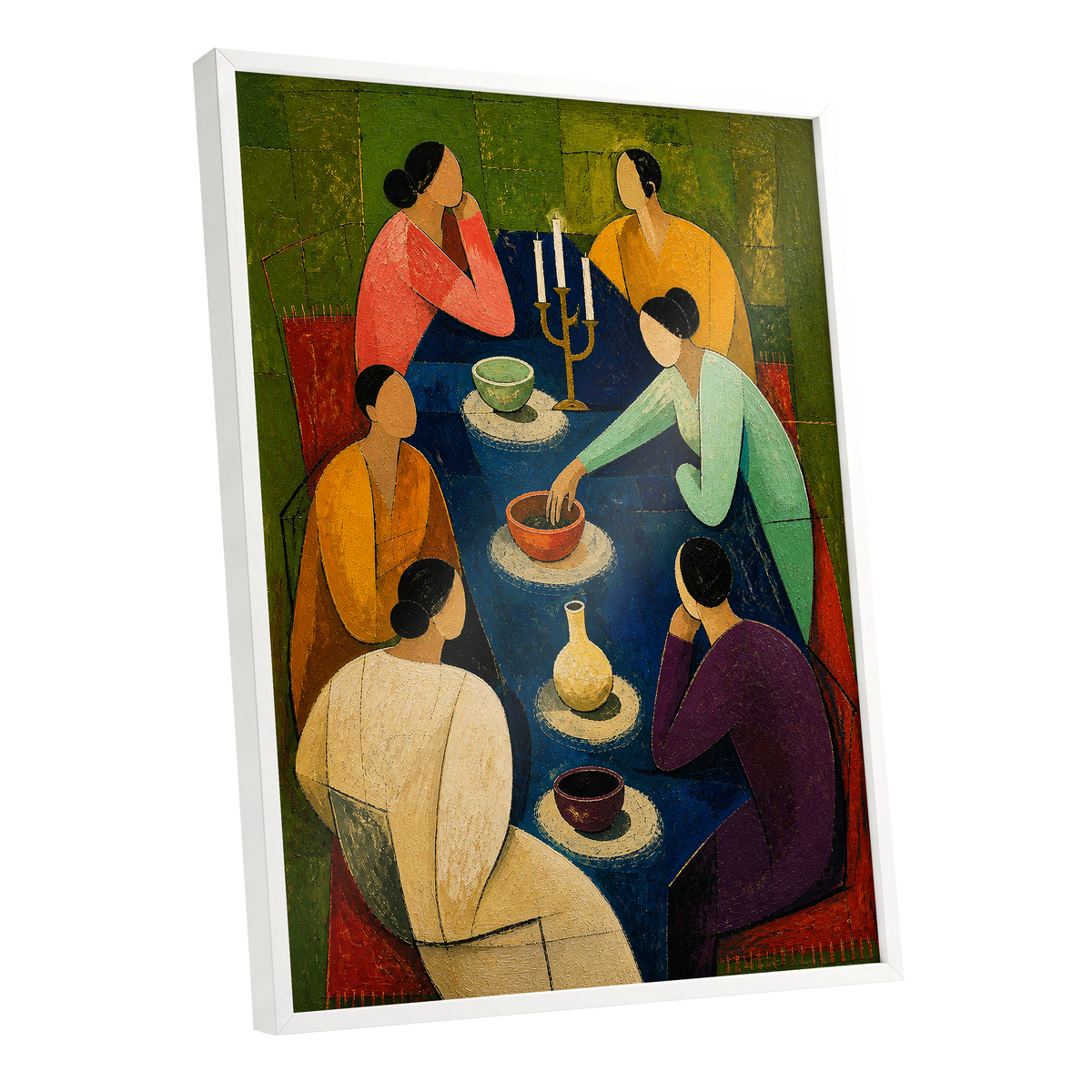 The Indigo Gathering, blue, green, gold abstract wall art shown as a white framed poster wall art print