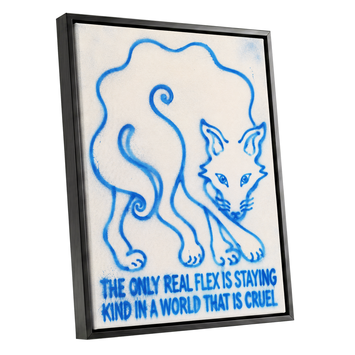 The Kindness Flex, blue, beige, white minimalist wall art shown as a black framed canvas wall art