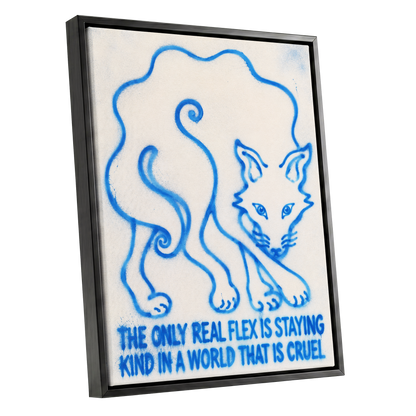 The Kindness Flex, blue, beige, white minimalist wall art shown as a black framed canvas wall art
