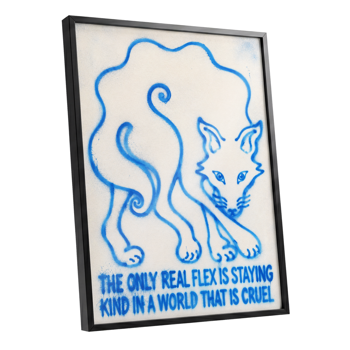 The Kindness Flex, blue, beige, white minimalist wall art shown as a black framed poster wall art print