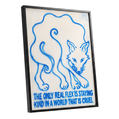 The Kindness Flex, blue, beige, white minimalist wall art shown as a black framed poster wall art print