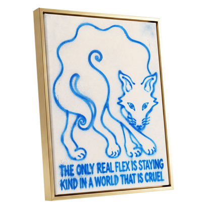 The Kindness Flex, blue, beige, white minimalist wall art shown as a gold framed canvas wall art