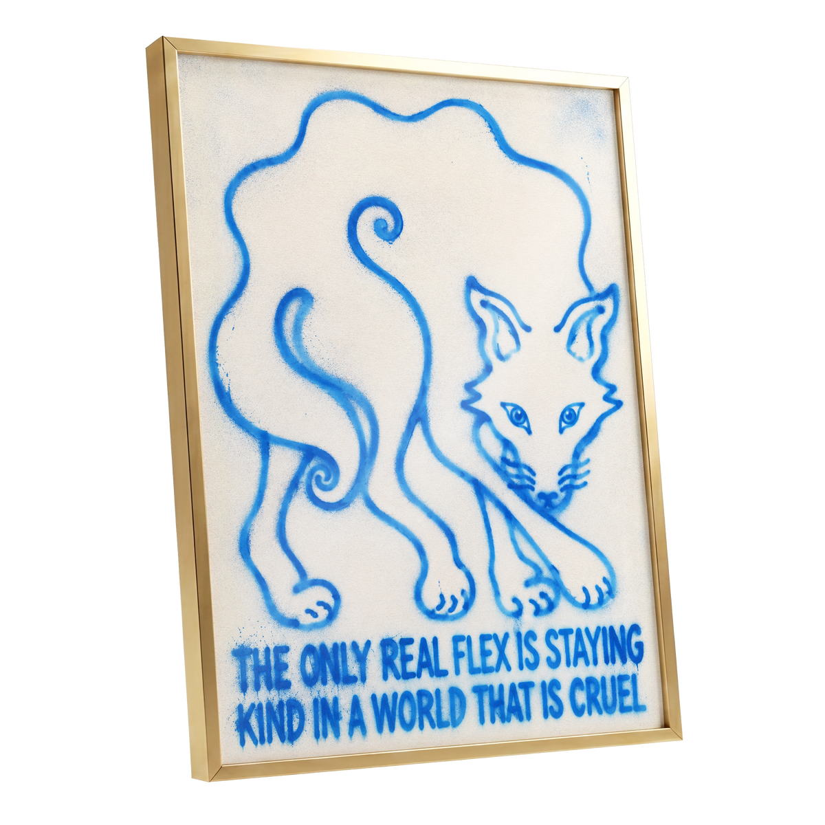 The Kindness Flex, blue, beige, white minimalist wall art shown as a gold framed poster wall art print