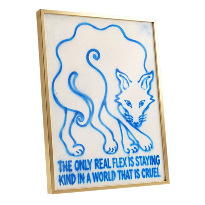 The Kindness Flex, blue, beige, white minimalist wall art shown as a gold framed poster wall art print