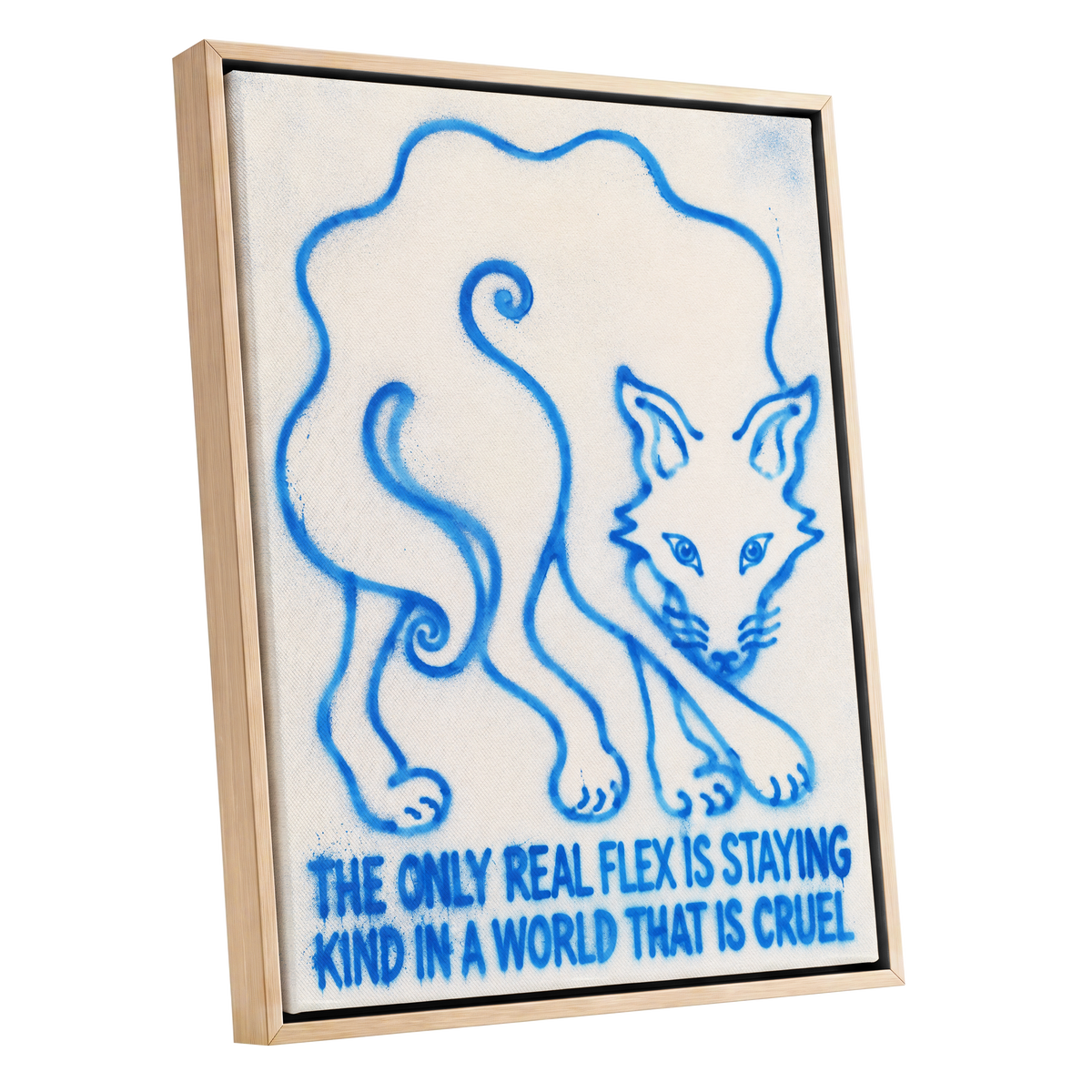 The Kindness Flex, blue, beige, white minimalist wall art shown as a oak framed canvas wall art