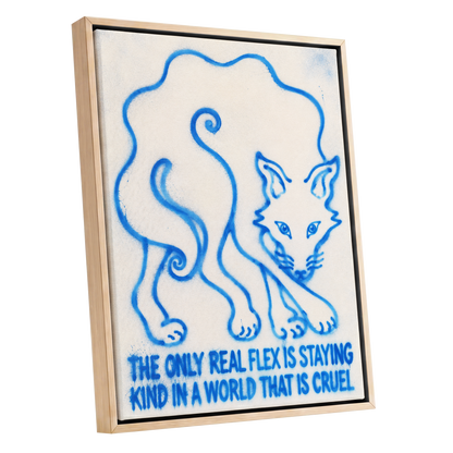 The Kindness Flex, blue, beige, white minimalist wall art shown as a oak framed canvas wall art