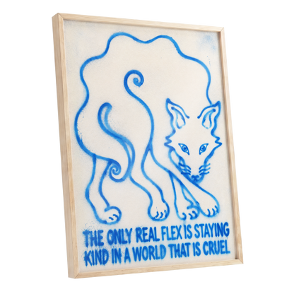 The Kindness Flex, blue, beige, white minimalist wall art shown as a oak framed poster wall art print