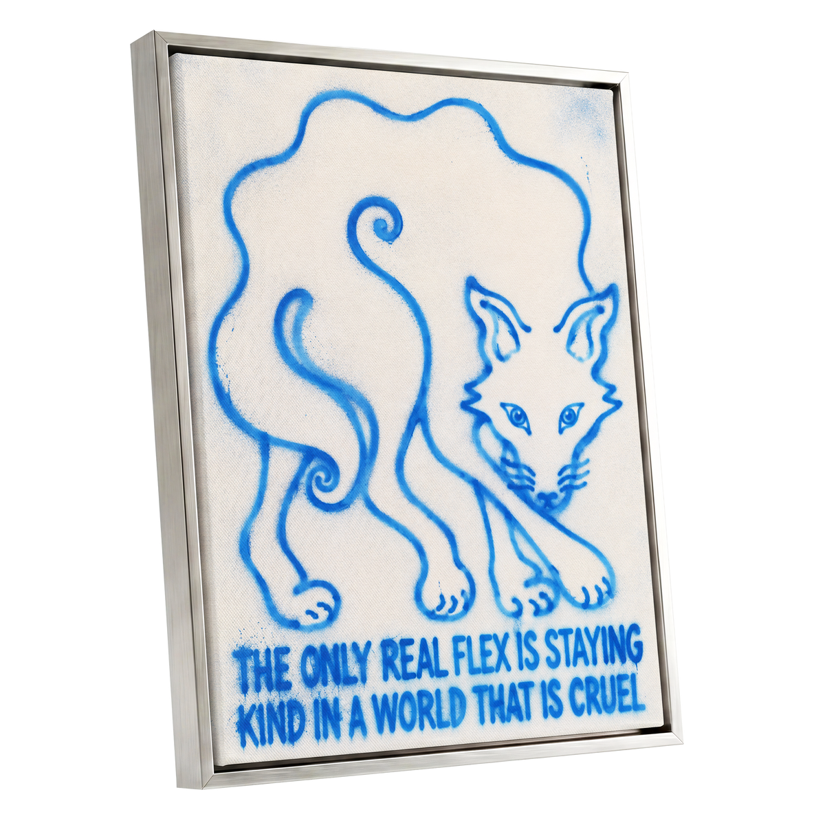 The Kindness Flex, blue, beige, white minimalist wall art shown as a silver framed canvas wall art