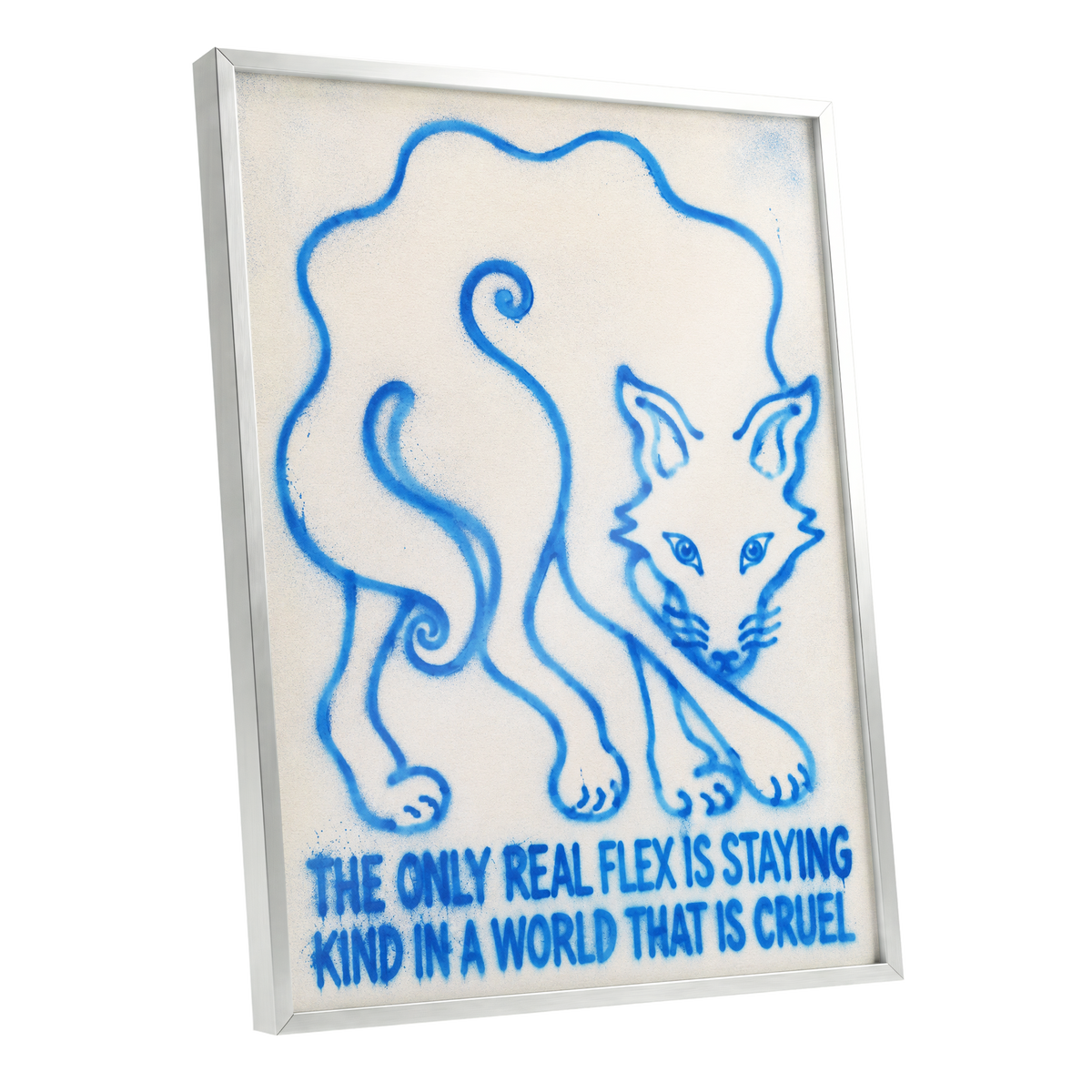 The Kindness Flex, blue, beige, white minimalist wall art shown as a silver framed poster wall art print