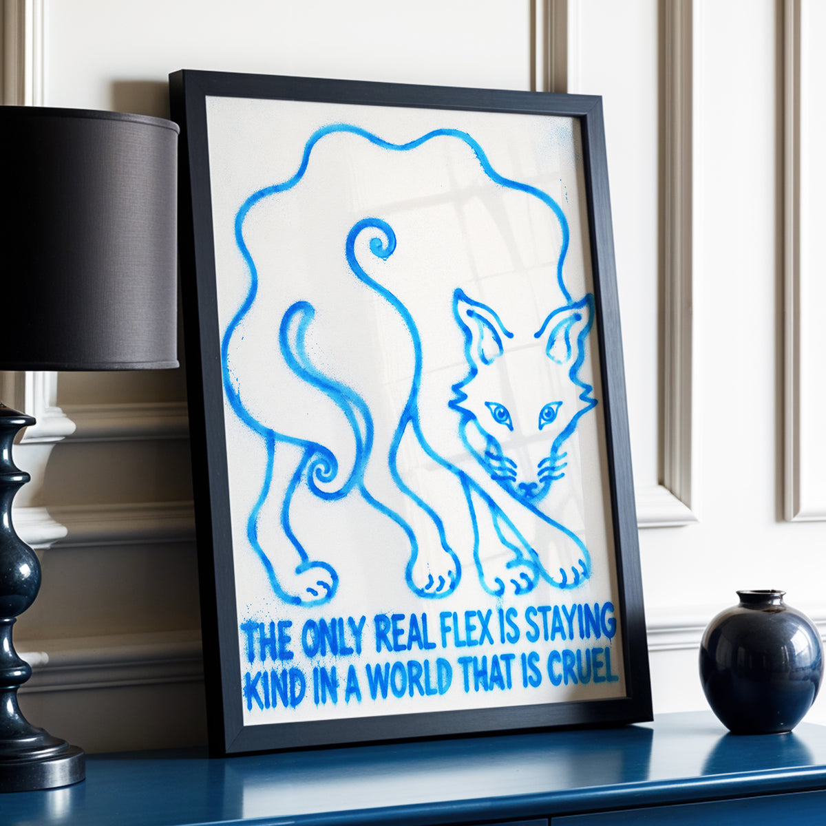 The Kindness Flex, blue, beige, white minimalist wall art displayed in a styled interior, gallery view 2