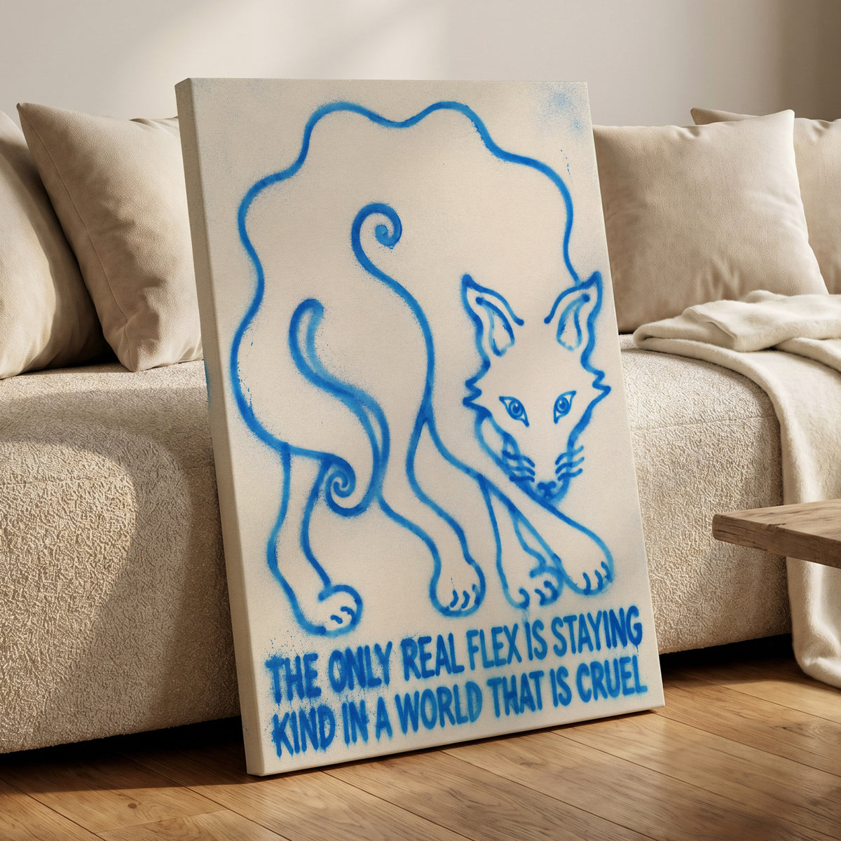 The Kindness Flex, blue, beige, white minimalist wall art displayed in a styled interior, gallery view 3