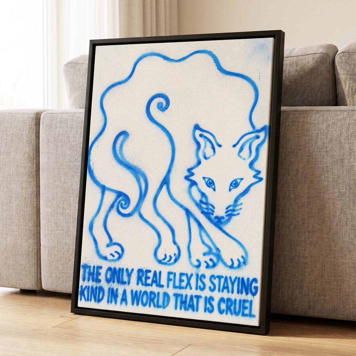 The Kindness Flex, blue, beige, white minimalist wall art displayed in a styled interior, gallery view 4