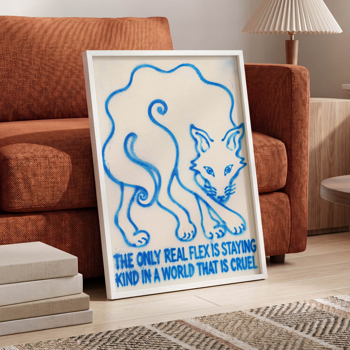 The Kindness Flex, blue, beige, white minimalist wall art displayed in a styled interior, gallery view 6