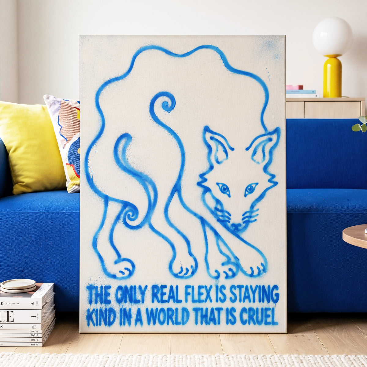 The Kindness Flex, blue, beige, white minimalist wall art displayed in a styled interior, gallery view 7