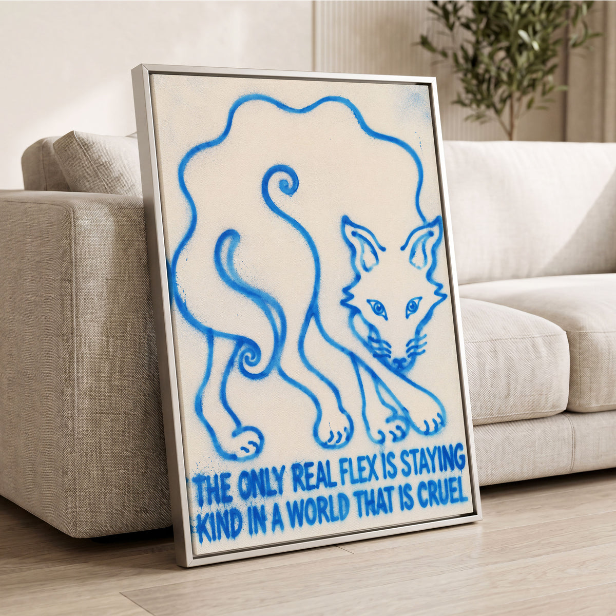 The Kindness Flex, blue, beige, white minimalist wall art displayed in a styled interior, gallery view 8