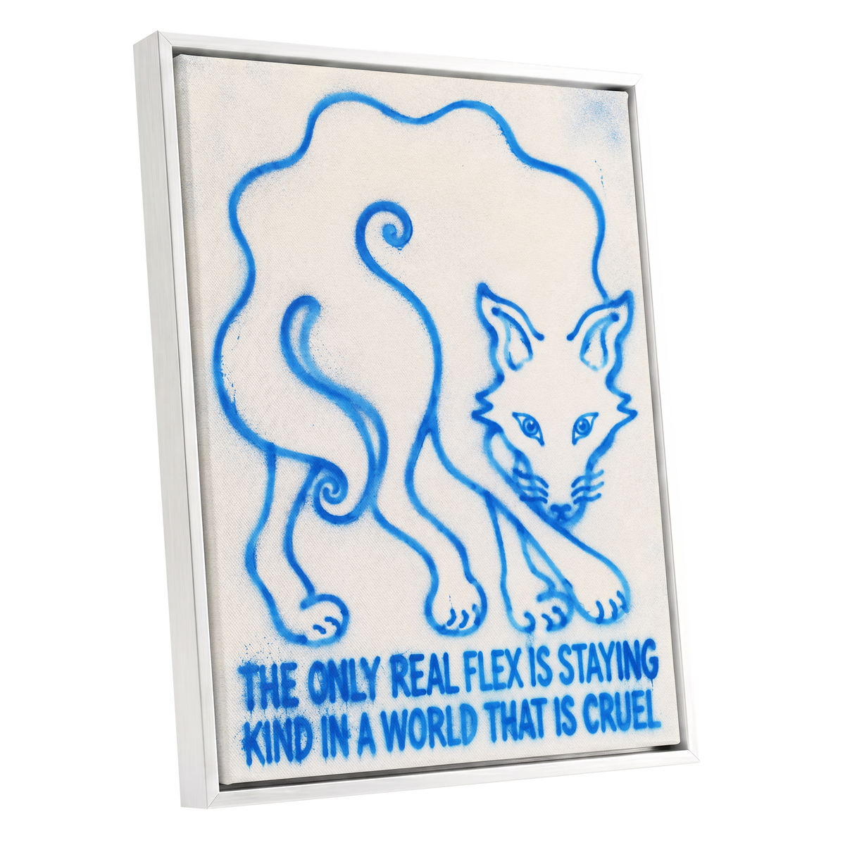 The Kindness Flex, blue, beige, white minimalist wall art shown as a white framed canvas wall art