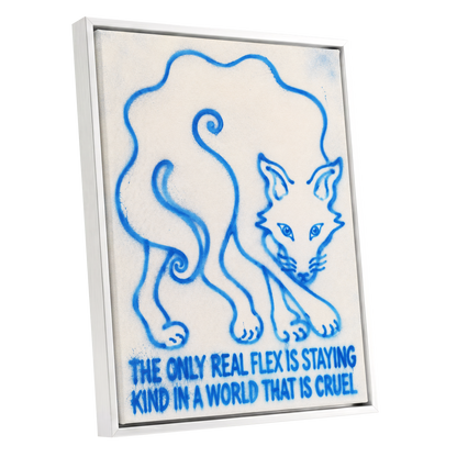 The Kindness Flex, blue, beige, white minimalist wall art shown as a white framed canvas wall art