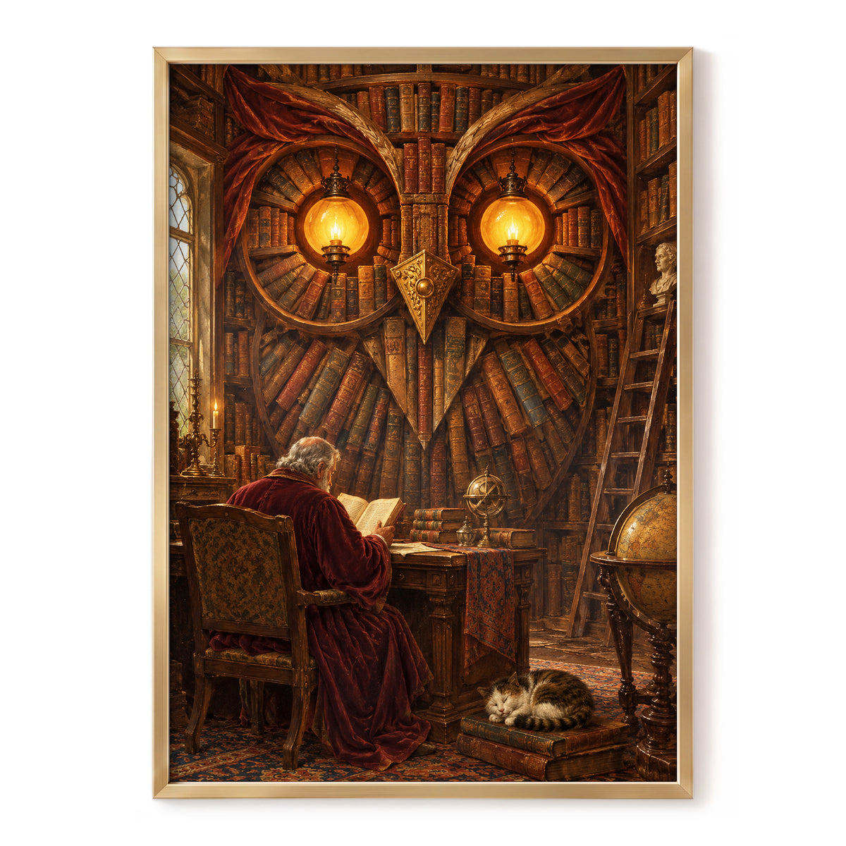 The Lamplit Owl Library, brown, gold, red abstract wall art, front artwork view