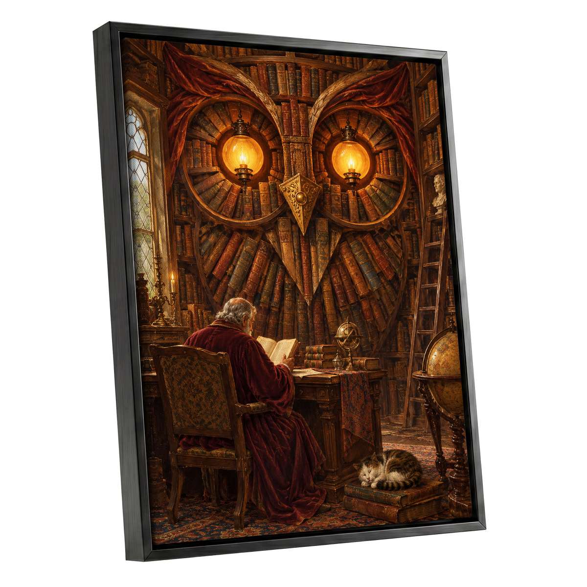 The Lamplit Owl Library, brown, gold, red abstract wall art shown as a black framed canvas wall art