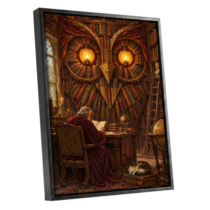 The Lamplit Owl Library, brown, gold, red abstract wall art shown as a black framed canvas wall art