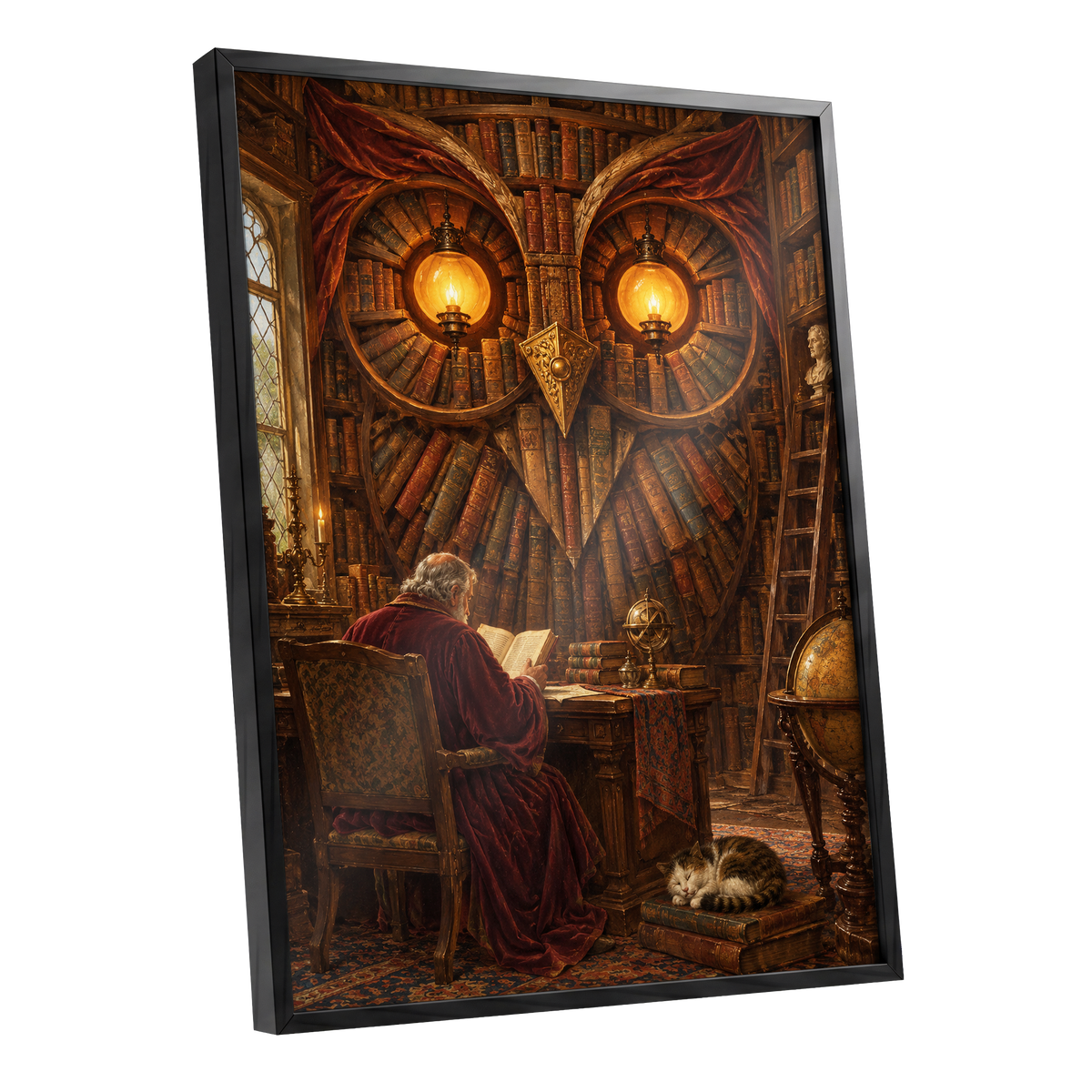 The Lamplit Owl Library, brown, gold, red abstract wall art shown as a black framed poster wall art print