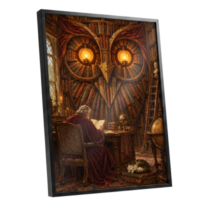 The Lamplit Owl Library, brown, gold, red abstract wall art shown as a black framed poster wall art print
