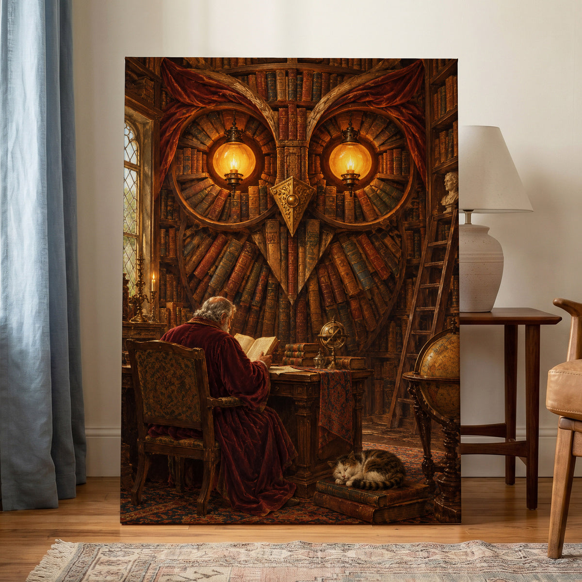 The Lamplit Owl Library, brown, gold, red abstract wall art on canvas displayed in a styled interior, gallery view 1