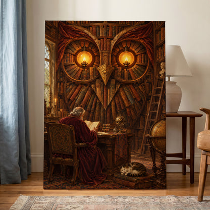 The Lamplit Owl Library, brown, gold, red abstract wall art on canvas displayed in a styled interior, gallery view 1