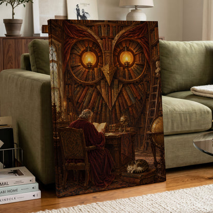The Lamplit Owl Library, brown, gold, red abstract wall art on canvas displayed in a styled interior, gallery view 2