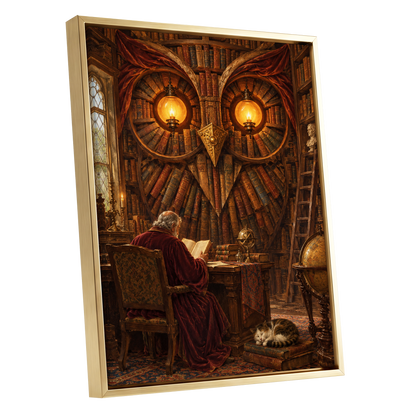 The Lamplit Owl Library, brown, gold, red abstract wall art shown as a gold framed canvas wall art