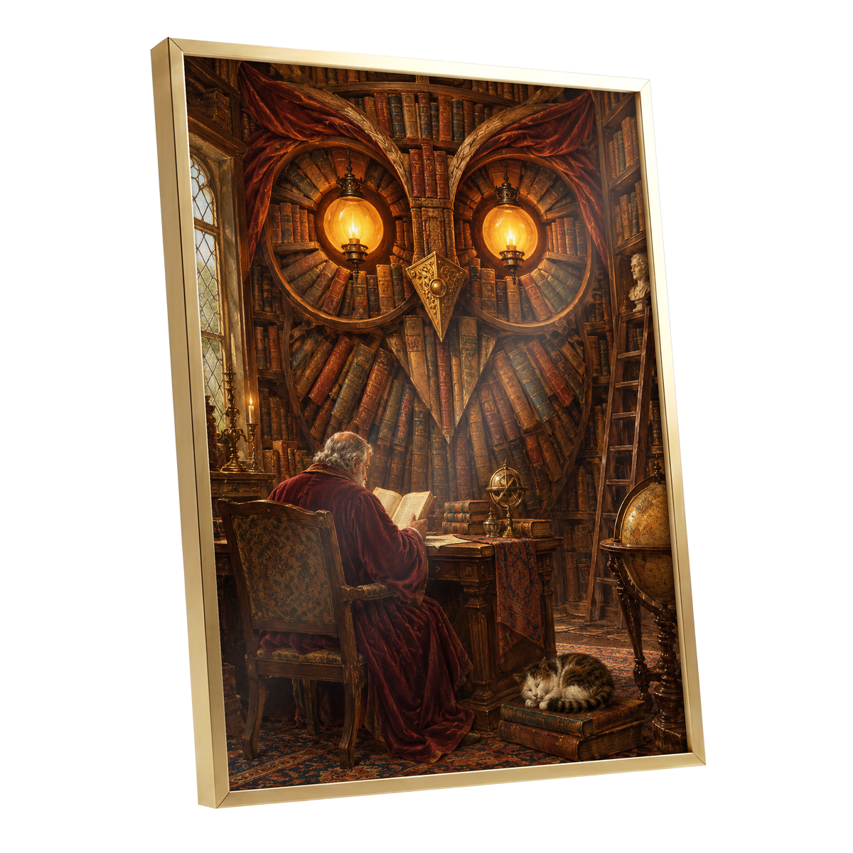 The Lamplit Owl Library, brown, gold, red abstract wall art shown as a gold framed poster wall art print