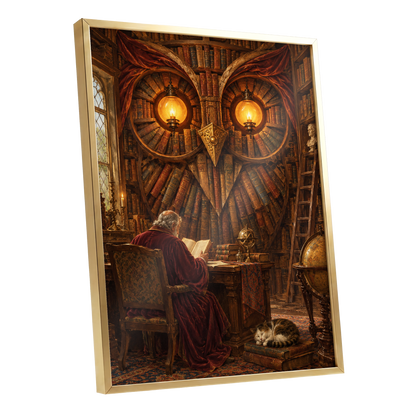 The Lamplit Owl Library, brown, gold, red abstract wall art shown as a gold framed poster wall art print