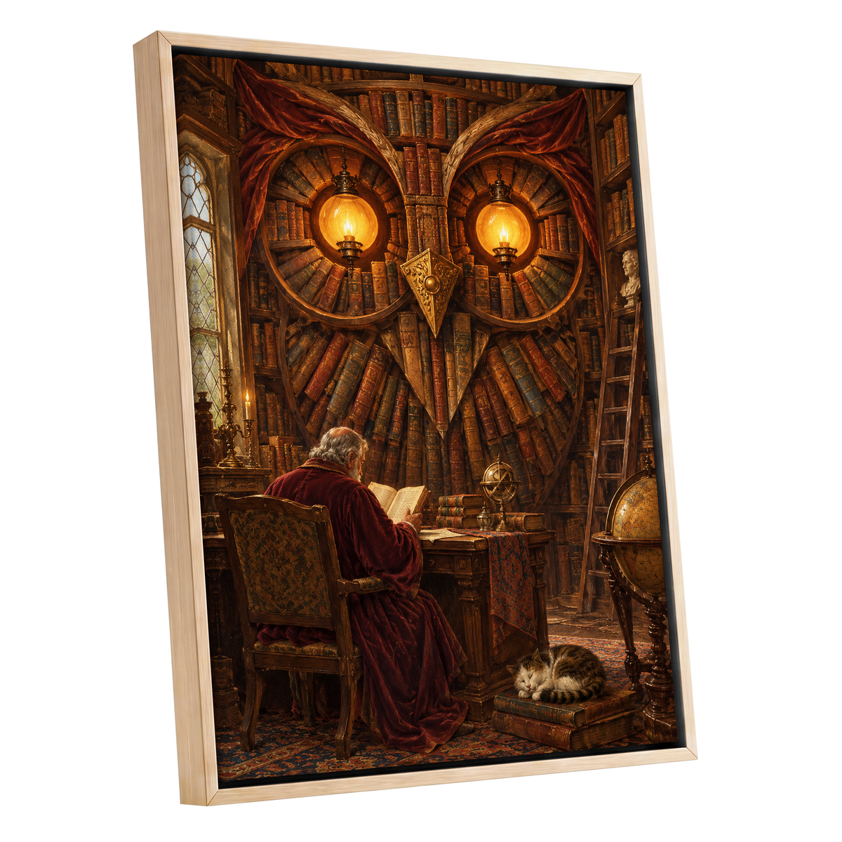 The Lamplit Owl Library, brown, gold, red abstract wall art shown as a oak framed canvas wall art