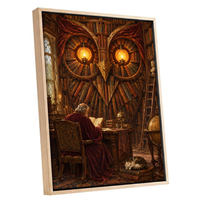 The Lamplit Owl Library, brown, gold, red abstract wall art shown as a oak framed canvas wall art