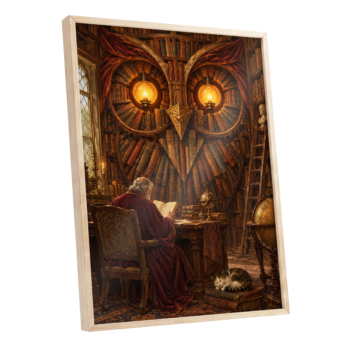 The Lamplit Owl Library, brown, gold, red abstract wall art shown as a oak framed poster wall art print