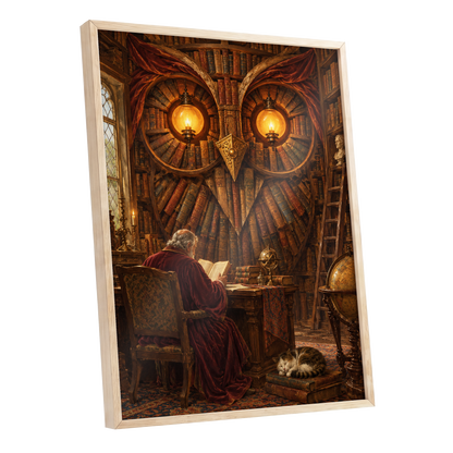 The Lamplit Owl Library, brown, gold, red abstract wall art shown as a oak framed poster wall art print