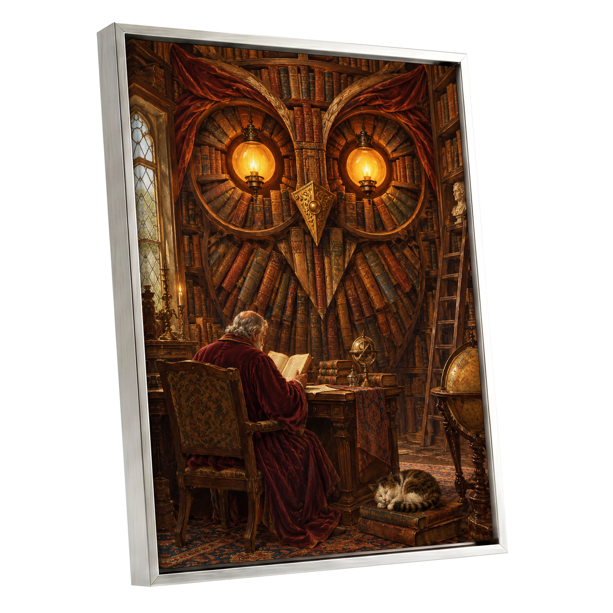 The Lamplit Owl Library, brown, gold, red abstract wall art shown as a silver framed canvas wall art