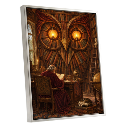 The Lamplit Owl Library, brown, gold, red abstract wall art shown as a silver framed canvas wall art