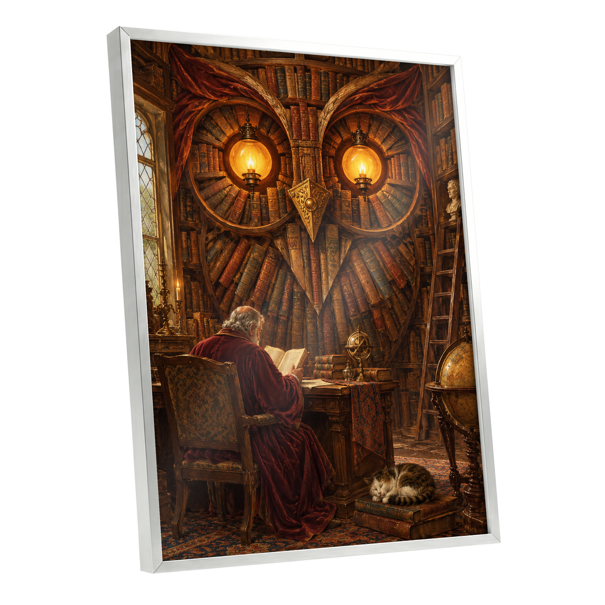 The Lamplit Owl Library, brown, gold, red abstract wall art shown as a silver framed poster wall art print